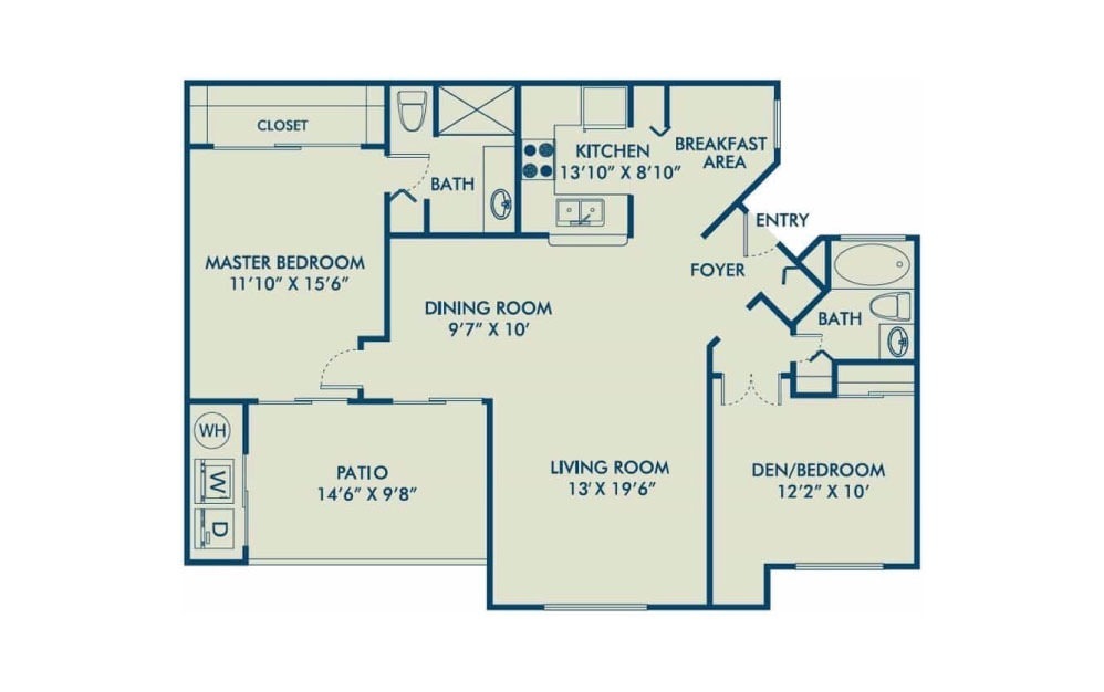 Bishop - R - 2 bedroom floorplan layout with 2 baths and 1175 square feet. (2D)