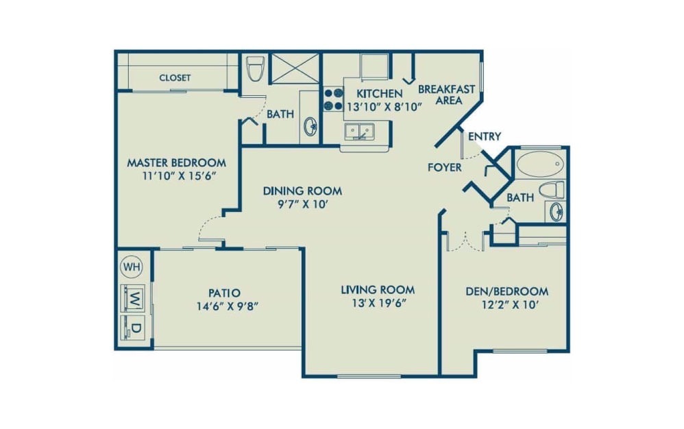 Bishop - R - 2 bedroom floorplan layout with 2 bathrooms and 1175 square feet (2D)