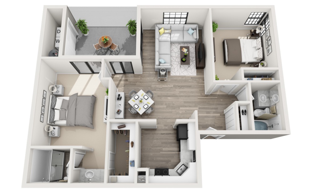 Belmar - R - 2 bedroom floorplan layout with 2 bathrooms and 1097 square feet (3D)